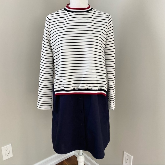 Zara Striped White Navy Long Sleeve Button Front Shift Dress half Sweater XS - Picture 13 of 16